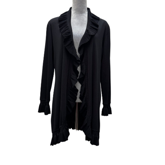 Misook Black Ruffled Knit Long Cardigan Sweater Jacket Size M 100% Acrylic - Picture 4 of 9